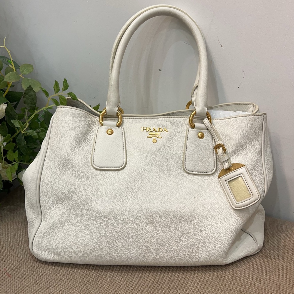 Prada Ivory Vitello Daino Leather Shopping Tote